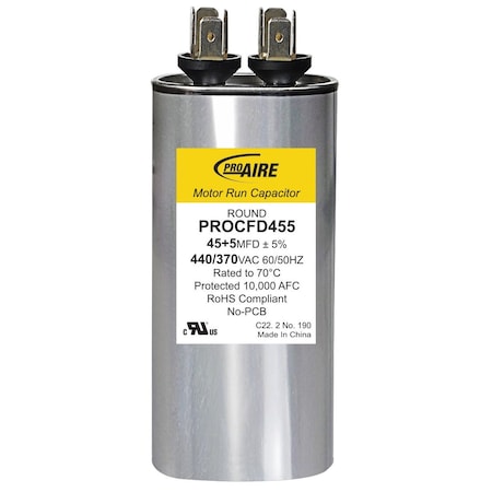 Perfect Aire Round Run Capacitor, 45+5 MFD 440/370V PROCFD455